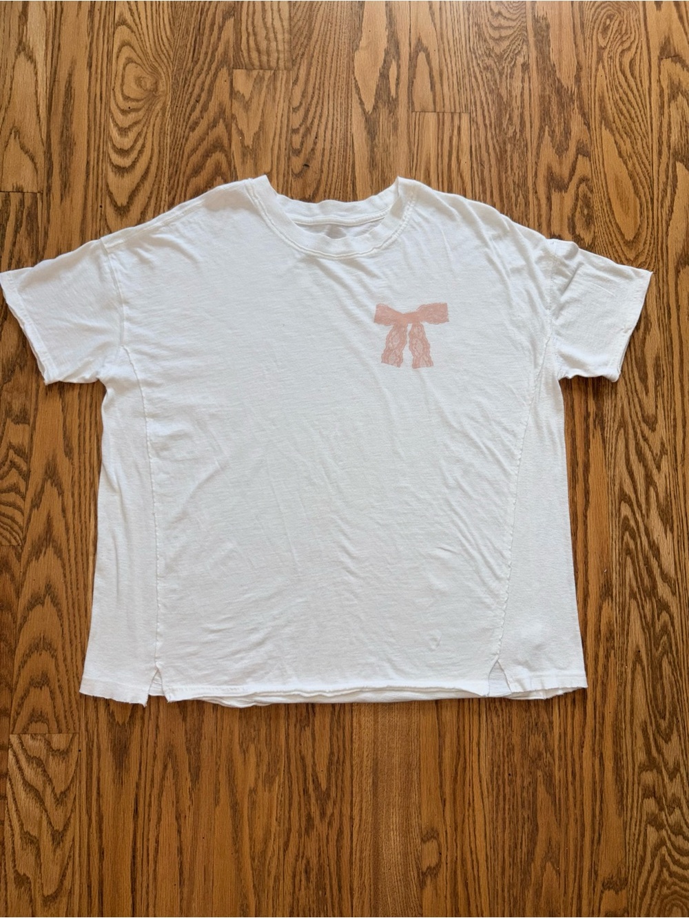 Aerie White Pink Lace Ribbon Bow Graphic Boxy Tee Size Small